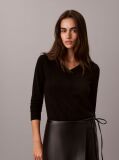 Black Emblem Pointelle Long Sleeve V-Neck Top  Women