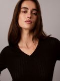 Black Emblem Pointelle Long Sleeve V-Neck Top  Women