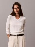 White Emblem Pointelle Long Sleeve V-Neck Top  Women