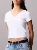 Λευκό Ριμπ Βαμβακερό T-shirt Με V Λαιμόκοψη  Γυναίκα