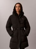 Black Logo Belt Hooded Puffer Coat  Women