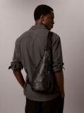 Black Debossed Allover Emblem Logo Sling Bag  Men