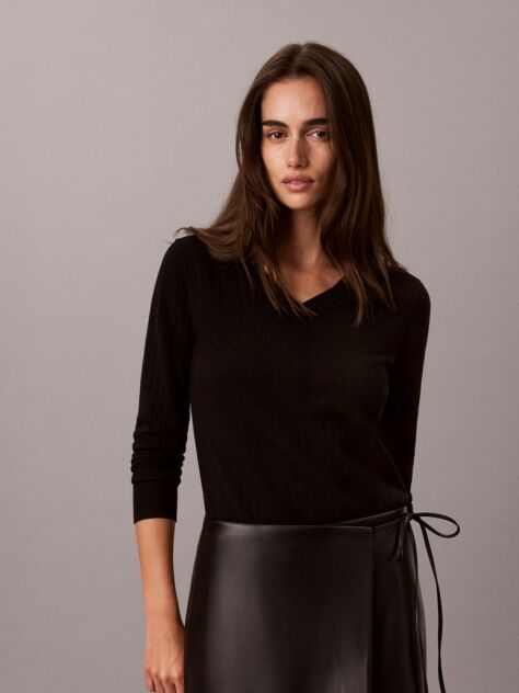 Black Emblem Pointelle Long Sleeve V-Neck Top  Women