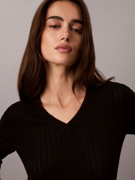 Black Emblem Pointelle Long Sleeve V-Neck Top  Women