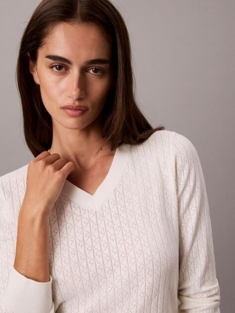 White Emblem Pointelle Long Sleeve V-Neck Top  Women