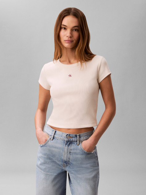 Λευκό T-Shirt Σε Slim Γραμμή Και Βαμβακερό Ριμπ  Γυναίκα