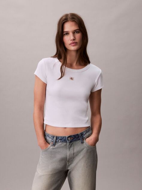 Λευκό T-Shirt Σε Slim Γραμμή Και Βαμβακερό Ριμπ  Γυναίκα