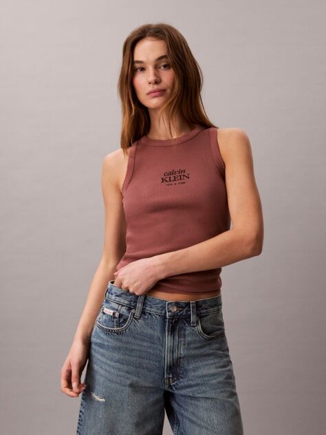 Brown Slim Ribbed Cotton Tank Top  Women