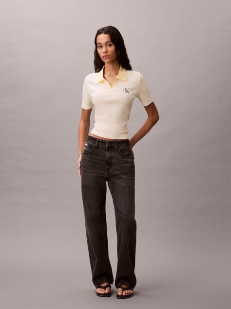 Yellow Slim Ribbed Stripe Polo Shirt  Women