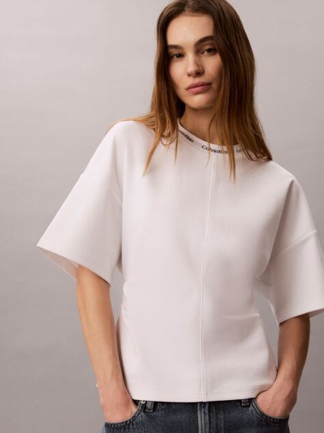 Λευκό Boxy T-Shirt Με Ζακάρ Λογότυπο  Γυναίκα