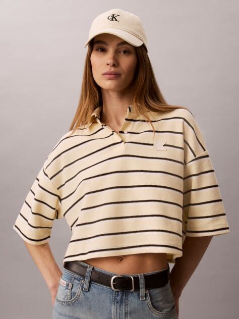 Μπεζ Κοντό Boxy Polo Με Ρίγες  Γυναίκα