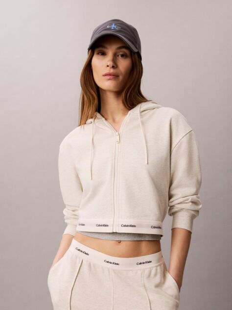 Μπεζ Κοντό Hoodie Με Φερμουάρ Και Ελαστική Ζώνη Με Λογότυπο  Γυναίκα