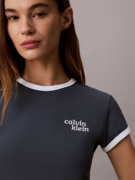 Μπλε T-Shirt Ringer Με Κεντημένο Λογότυπο  Γυναίκα