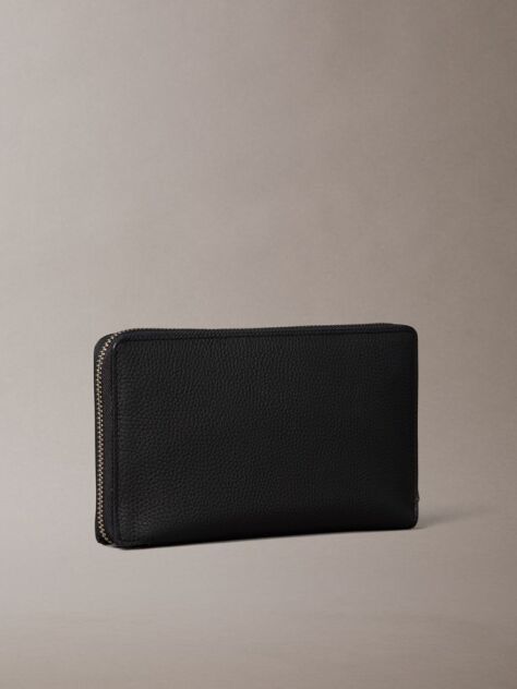 Black Leather Foil Logo Long Wallet  Men