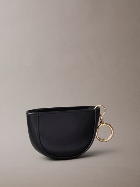 Black Leather Logo Mini Zip Pouch Bag Charm  Women