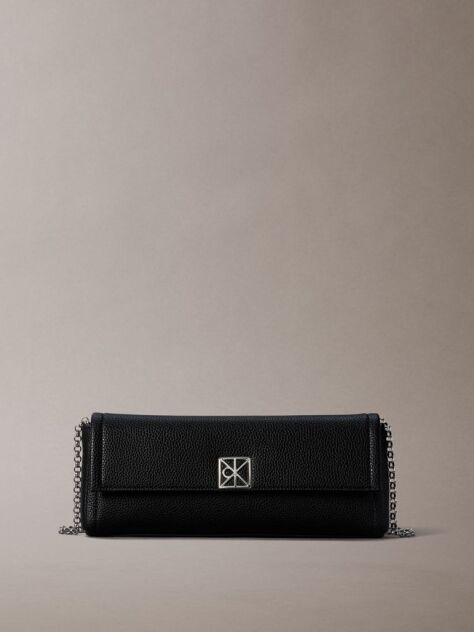Black Emblem Pebble Grain Chain Strap Clutch  Women