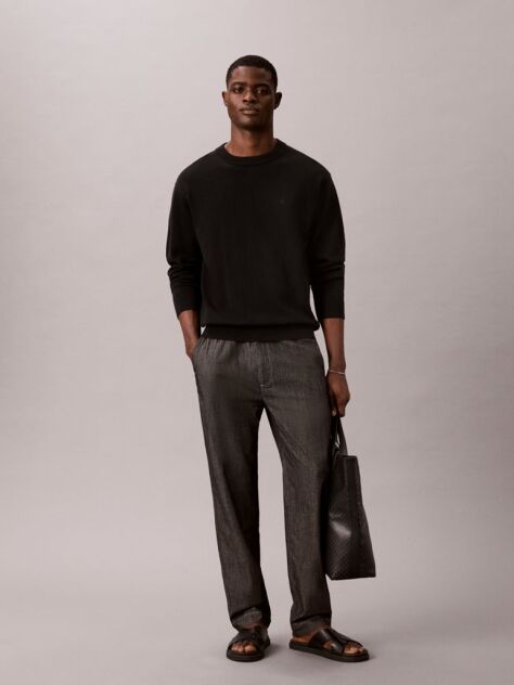 Black Cotton Chambray Drawstring Trousers  Men