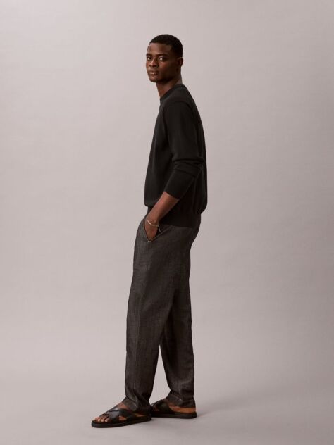 Black Cotton Chambray Drawstring Trousers  Men