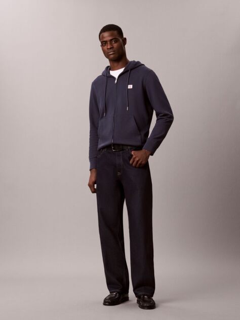 Blue Sueded Terry Zip-Thru Drawstring Hoodie  Men