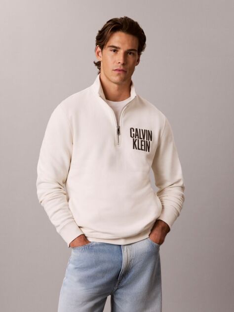 White Logo Embroidery Fleece Quarter-Zip Jumper  Men