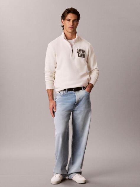 White Logo Embroidery Fleece Quarter-Zip Jumper  Men