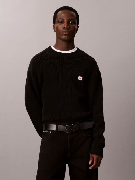 Black Waffle Knit Crew Neck Jumper  Men