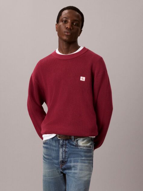 Red Waffle Knit Crew Neck Jumper  Men