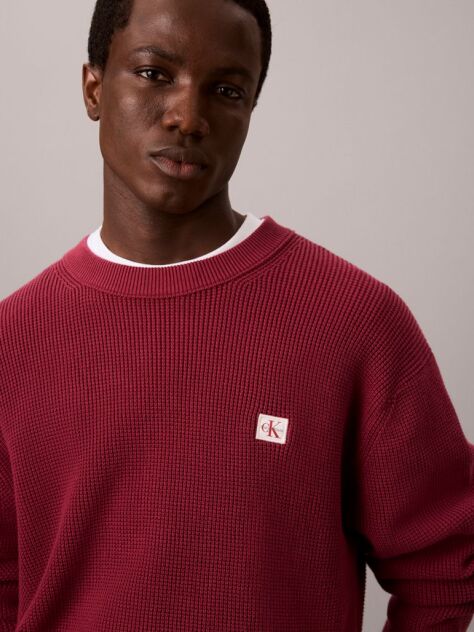 Red Waffle Knit Crew Neck Jumper  Men