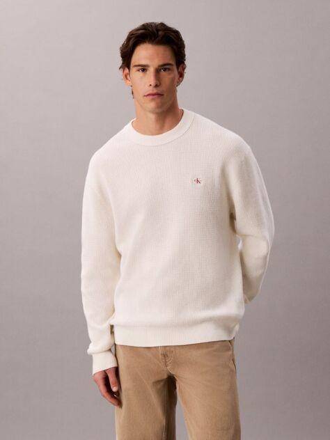 White Waffle Knit Crew Neck Jumper  Men