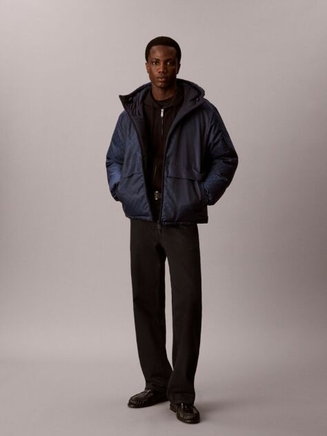 Blue Emblem Print Down Hooded Reversible Puffer Jacket  Men