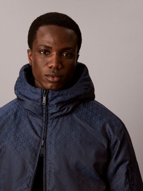 Blue Emblem Print Down Hooded Reversible Puffer Jacket  Men
