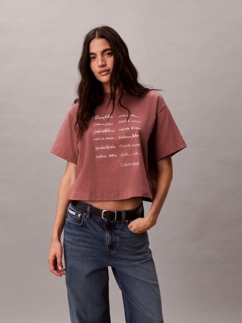 Καφέ Κοντομάνικο T-Shirt Με Graphic Τύπωμα Και Crop Boxy Γραμμή  Γυναίκα