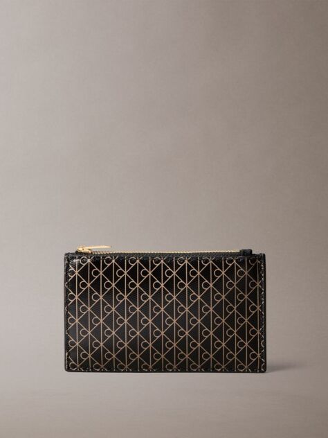 Black Monogram Logo Top Zip Card Holder  Women