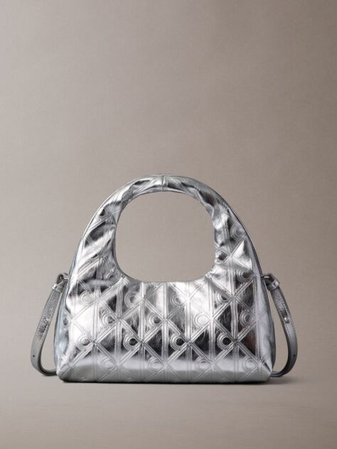 Silver Puffer Emblem Logo Metallic Mini Bag  Women