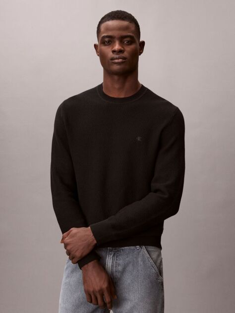 Black Textured Knit Crew Neck Jumper  Men