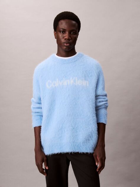 Blue Brushed Alpaca Wool Blend Monogram Logo Sweater  Men