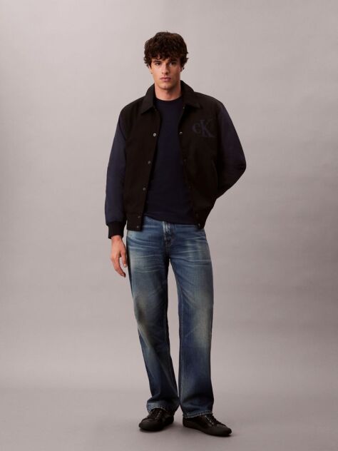 Black Nylon Cotton Varsity Bomber Jacket  Men