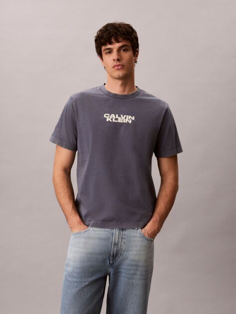 Blue Logo Graphic Washed Crew Neck T-Shirt  Men