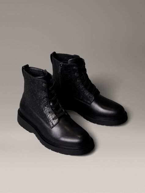 Black Leather Emblem Logo Lace-Up Zip Boots  Men