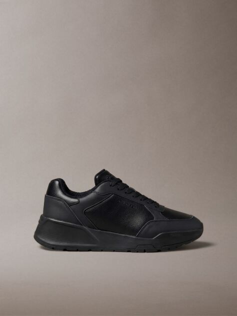 Black Leather Chunky Dad Sneakers  Men