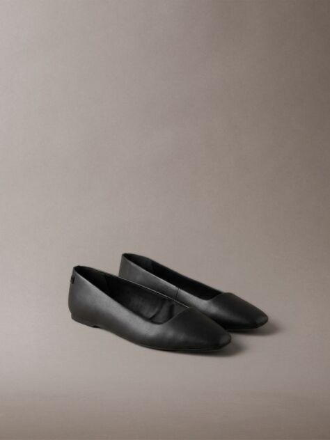 Black Leather Square Toe Ballerinas  Women