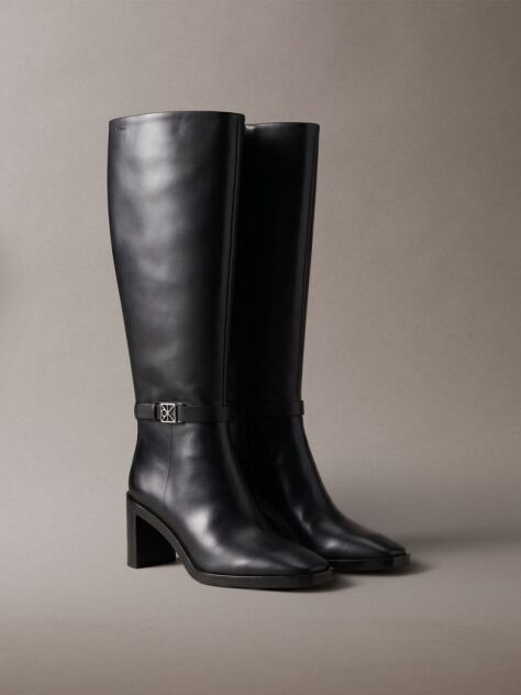 Black Leather Block-Heel Knee Boots  Women