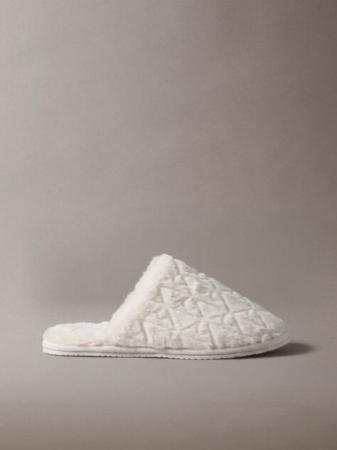 White Faux Fur Logo Slippers  Women