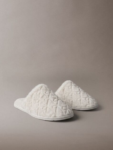 White Faux Fur Logo Slippers  Women