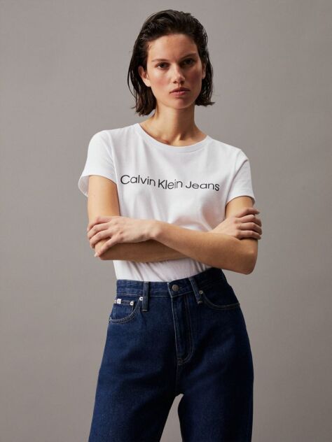 Λευκό Slim T-Shirt Από Οργανικό Βαμβάκι Με Λογότυπο  Γυναίκα