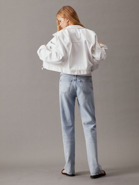 Λευκό Cropped Denim Τζάκετ Με Φερμουάρ  Γυναίκα