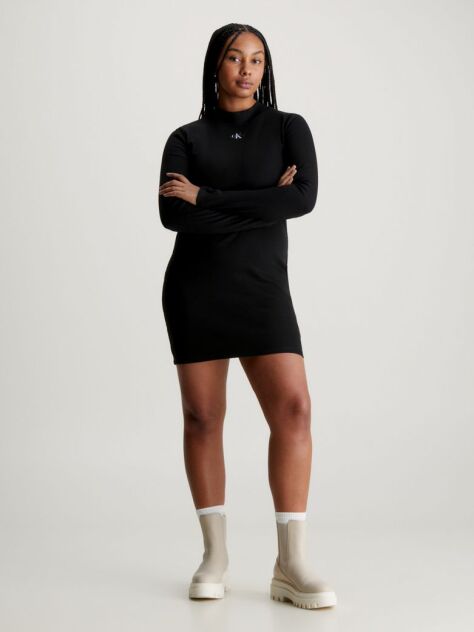 Black Slim Ribbed Long Sleeve Dress  Women