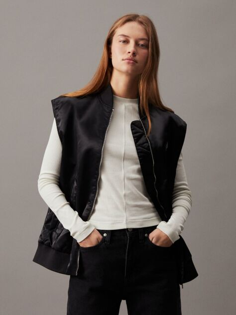 Black Relaxed Sateen Bomber Vest  Women