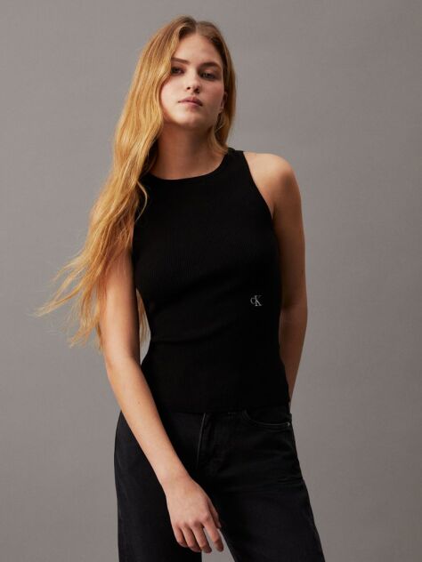 Black Slim Ribbed Tie Back Top  Women