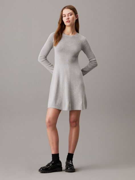 Grey Ribbed Cotton Flared Jumper Dress  Women